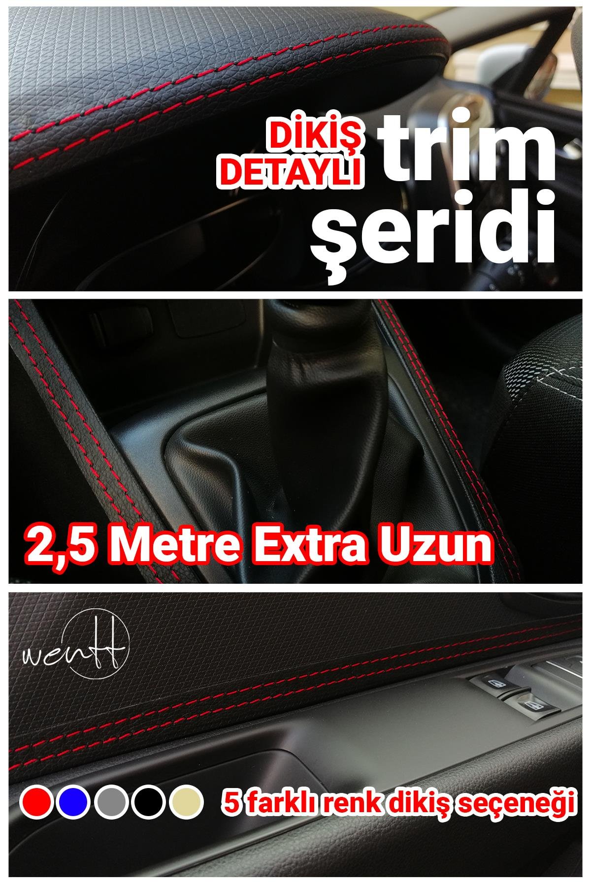 Araç İçi Kırmızı Dikiş Detaylı Kendinden Yapışkanlı Deri Trim Şerit 2,5 Metre